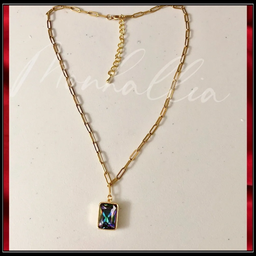 NEW 14K GOLD PAPERCLIP CRYSTAL PRISM STONE HANG CUSTOM PENDANT NECKLACE - Picture 4 of 7